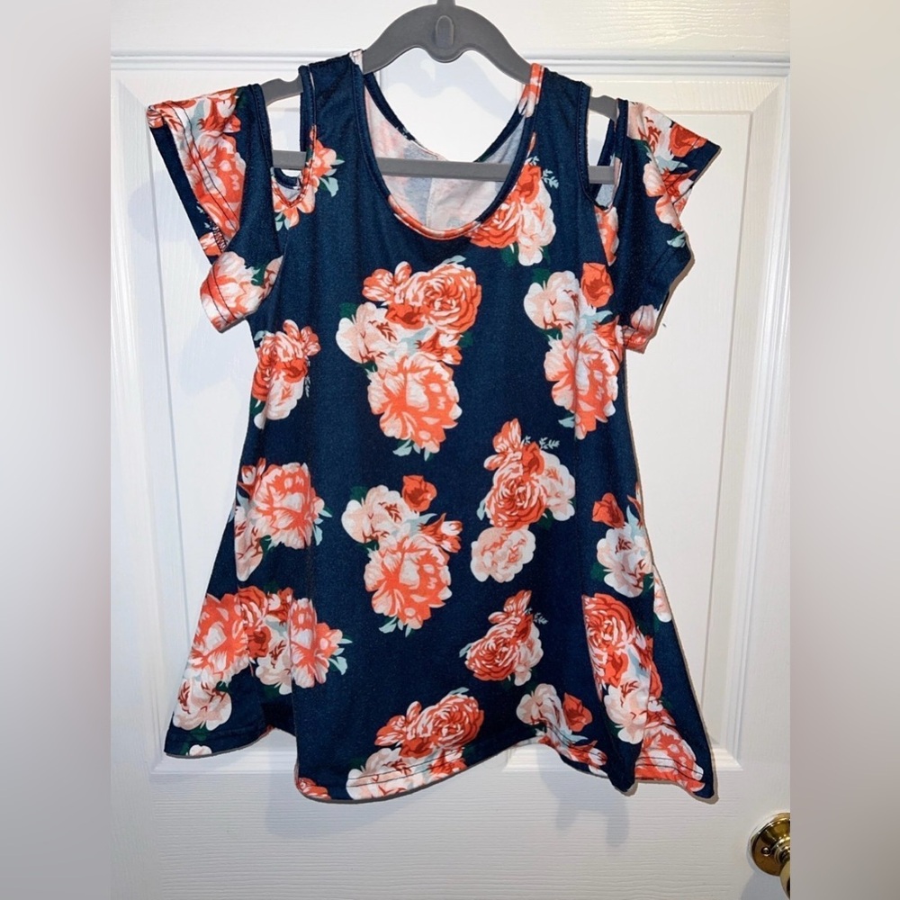 Girl’s Floral Cold Shoulder Top - Navy and Coral